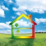 Illustration of a rainbow-colored home on top of an image of a grassy field on a sunny day.