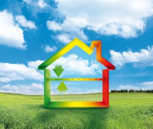 Illustration of a rainbow-colored home on top of an image of a grassy field on a sunny day.
